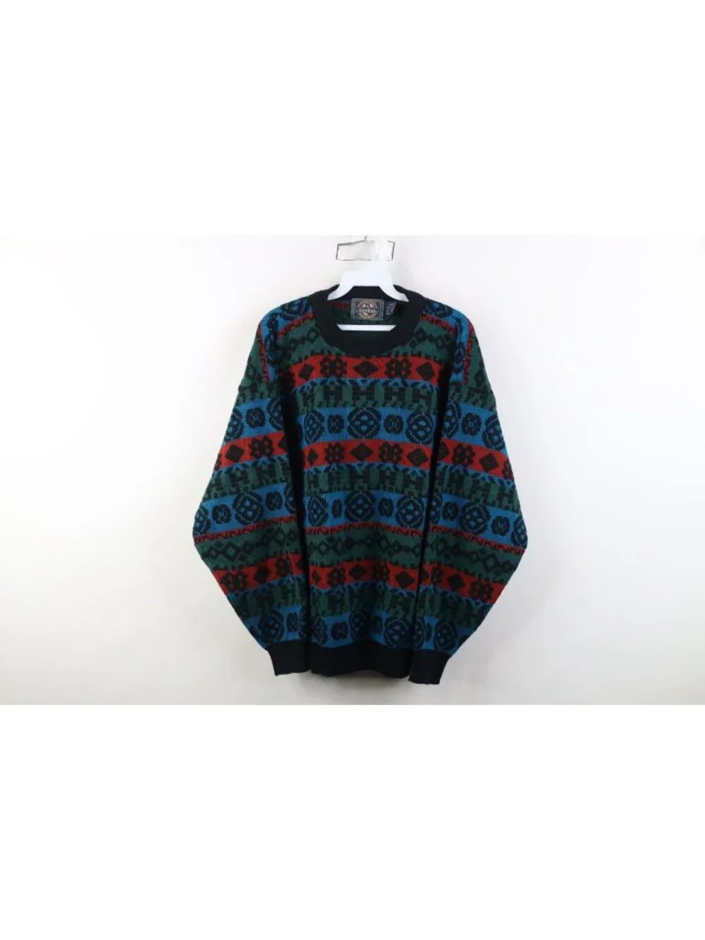Vtg 90s Streetwear Mens Large Fair Isle Geometric Striped Knit Crewneck Sweater